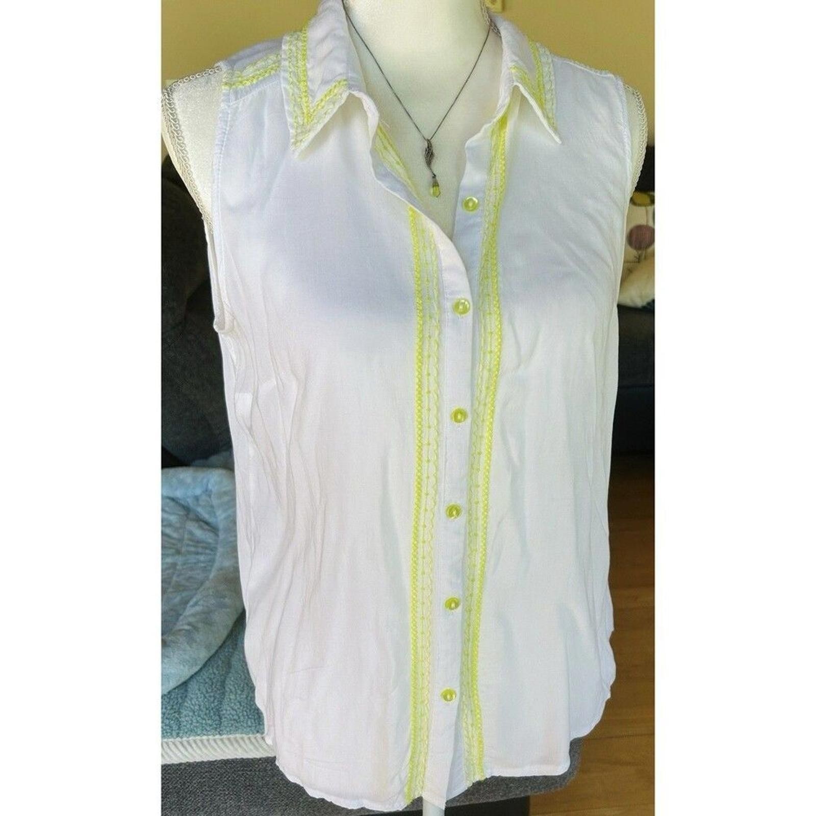 White Cotton Blouse with Lime Neon Embroidery & Buttons Cottagecore Boho Y2K