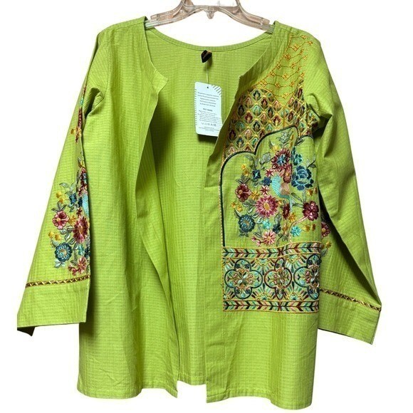 Womens Top M Lime 3/4 Sleeves Embroidered Open Front Traditional Boho Cottage