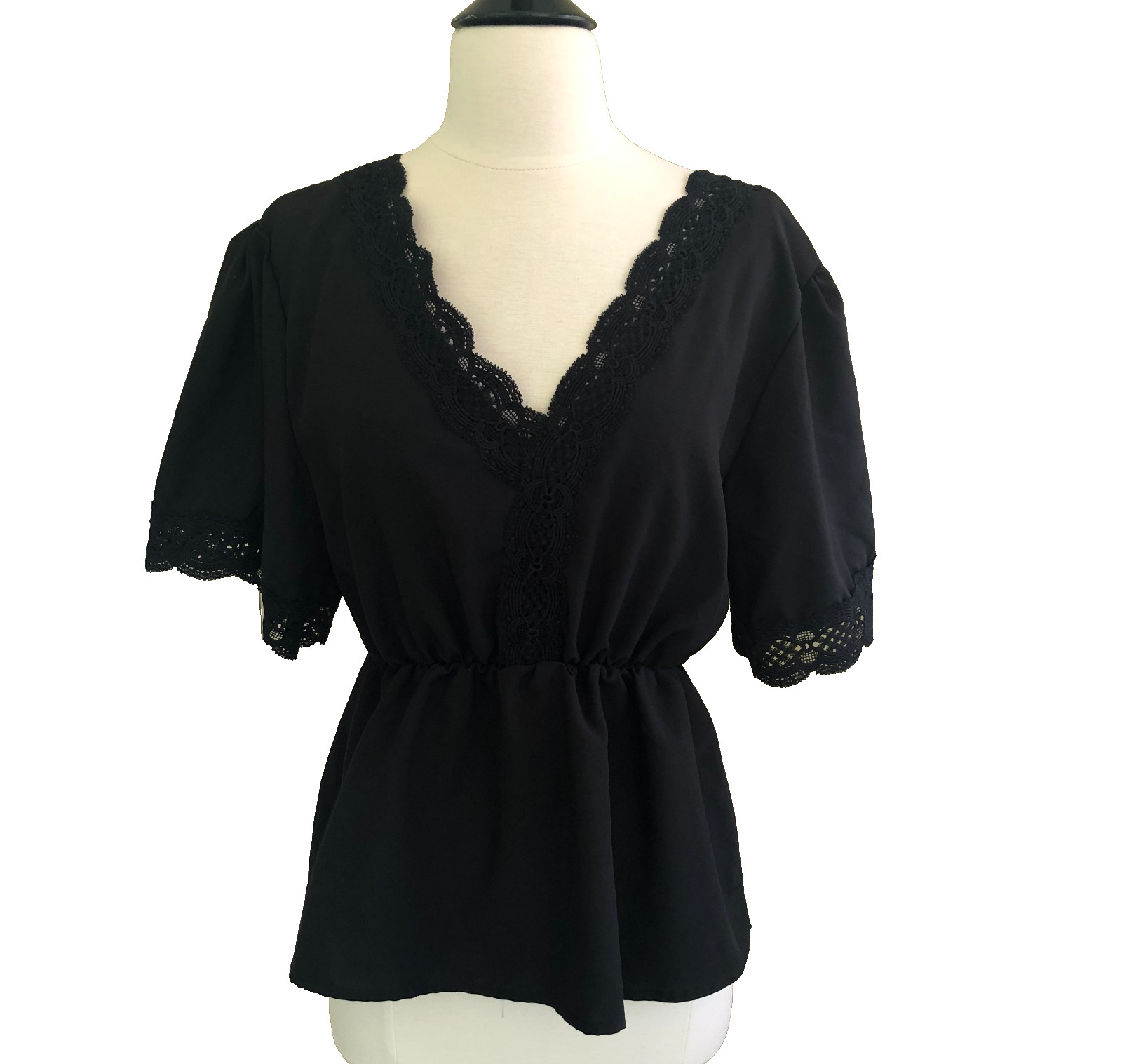 Black Lace Elastic Waist Top Medium V-Neck Tie Back Gypsy Dark Romantic Goth