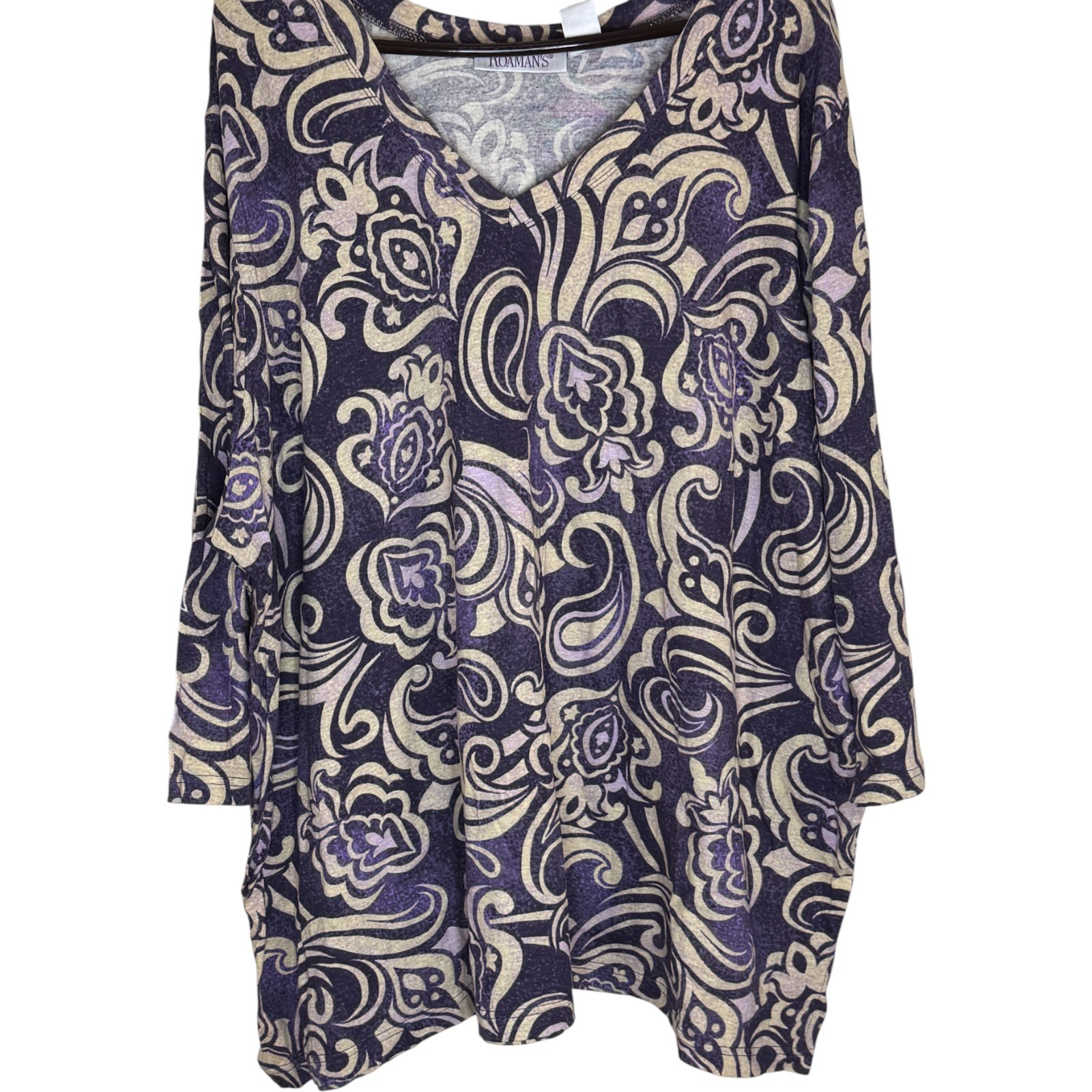 d&co Signature Womens Long Sleeve V Neck Paisley Print Tunic Top Purple Tan M