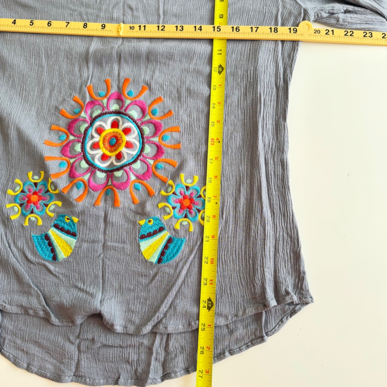 Ivy Jane Gray Embroidered Bird Sunburst Gauze Peasant Blouse Top Womens Medium