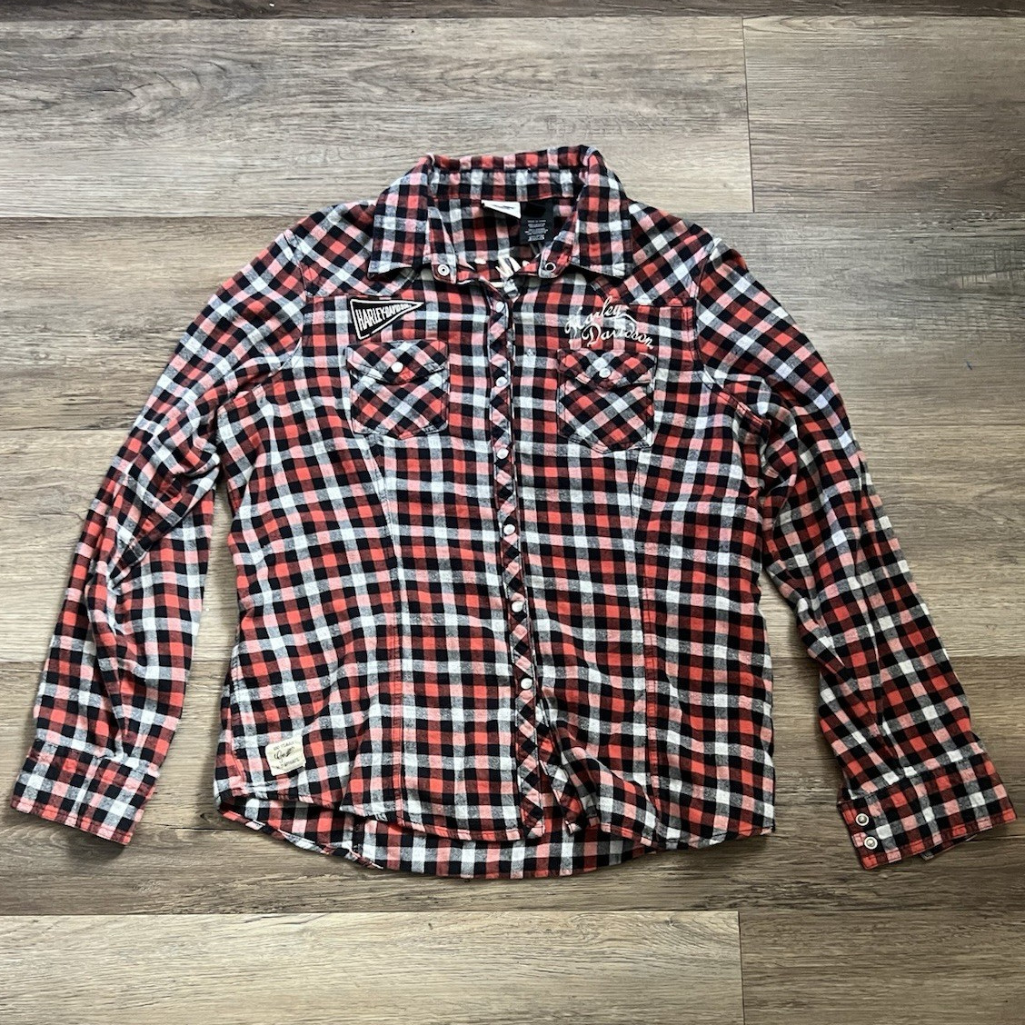 Harley Davidson Womens 1W Buffalo Plaid Flannel Shirt Snap Front Embroidered