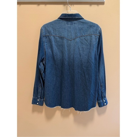 Lucky Brand Denim Western Shirt Snap Button Contrast Stitch Star Embroidery Lg