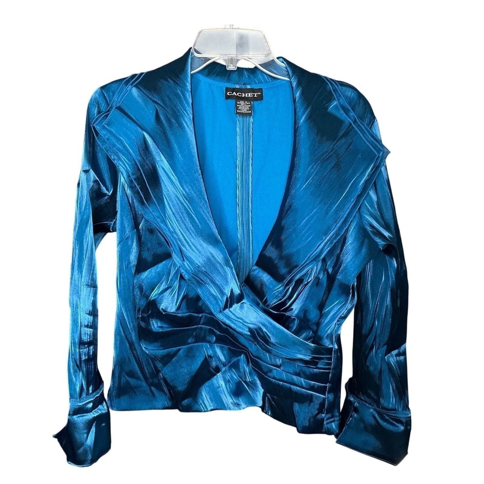 Cachet Blue Teal Satin Surplice Evening Blouse Ruched Waist 3/4 Sleeve Size 14