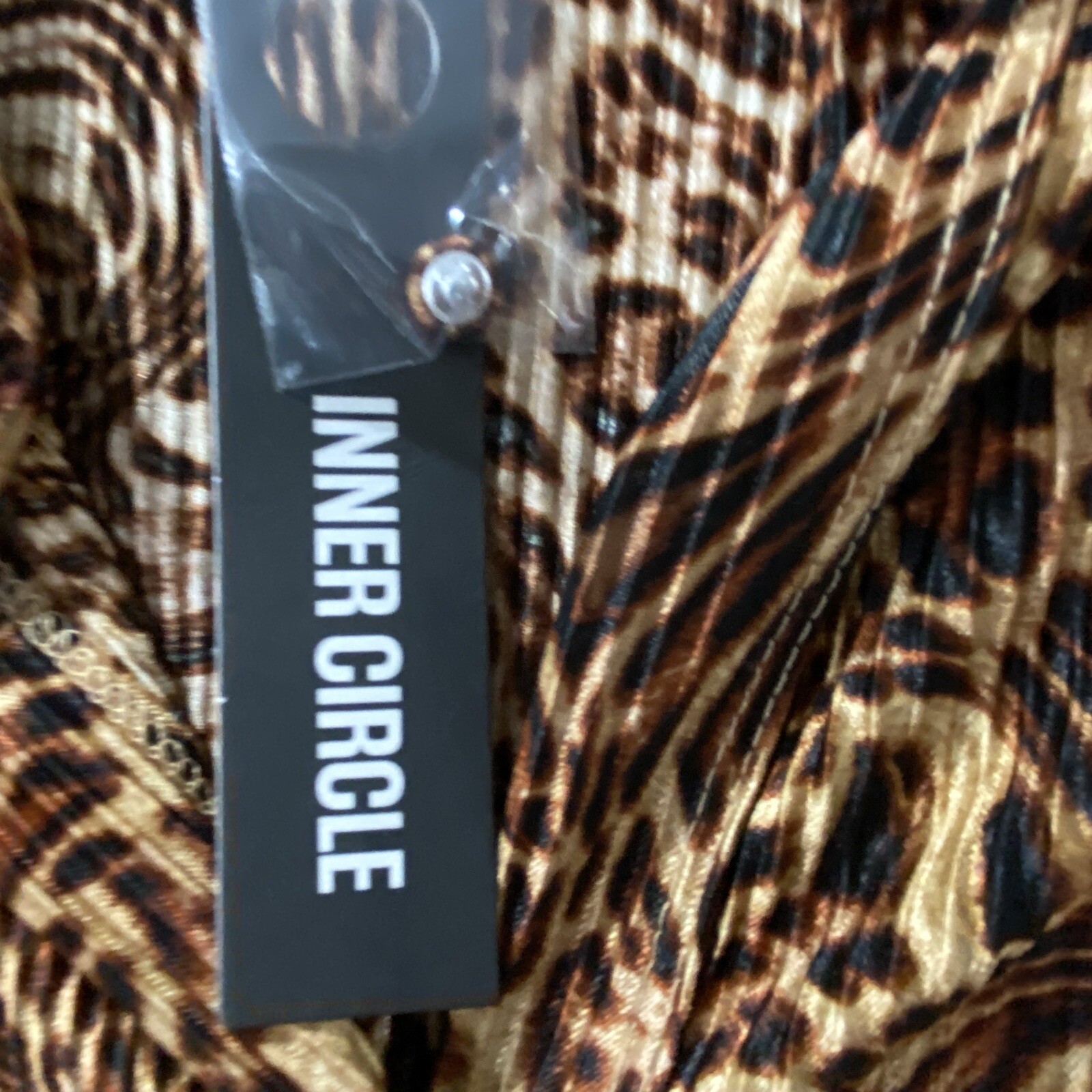 Inner Circle Leopard Print Top Woman’s 1x, 3x Button Up Accordion Pleated Brown