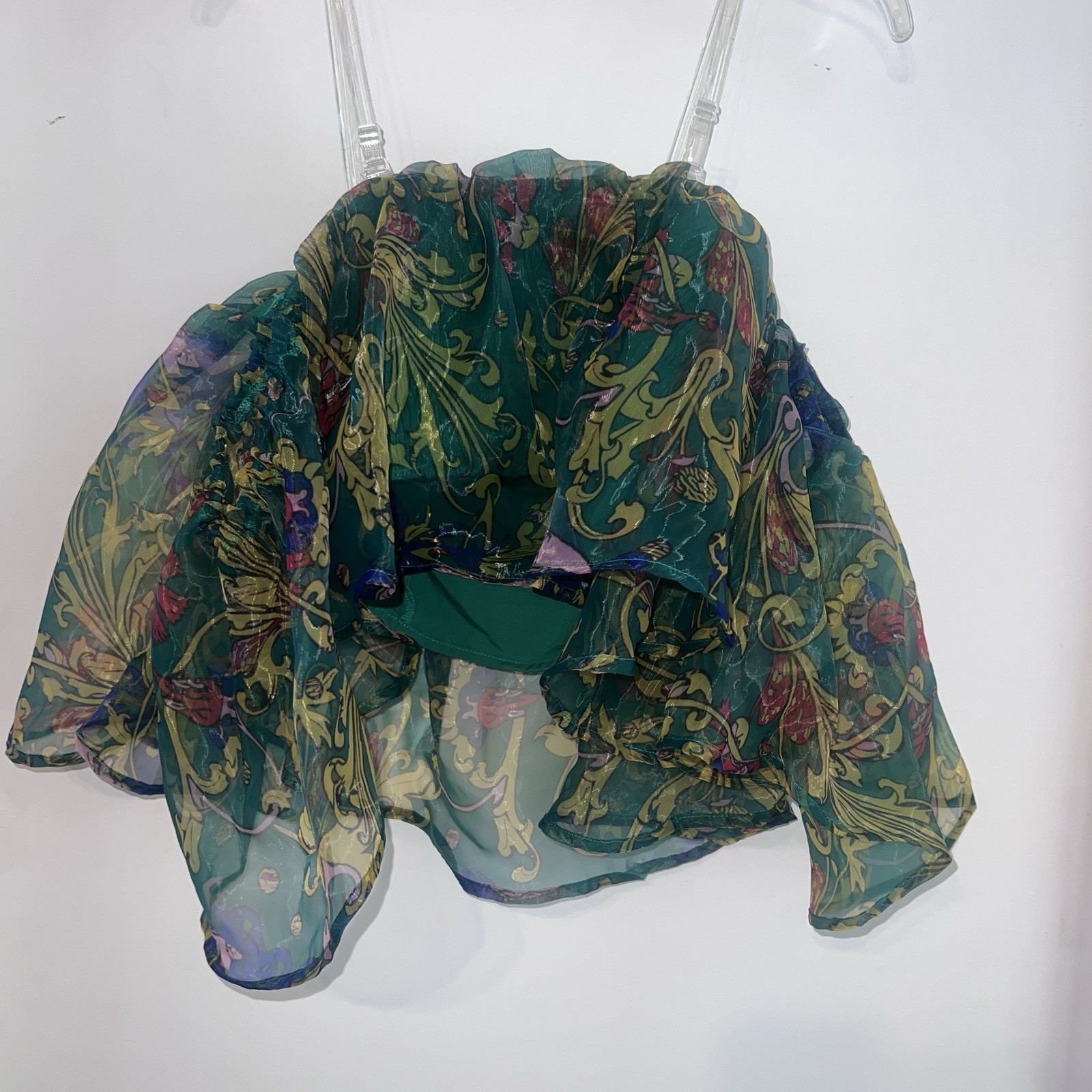 Off-Shoulder Print Smocked Crop Top with Elastic Flutter Sleeves – Green Bustier