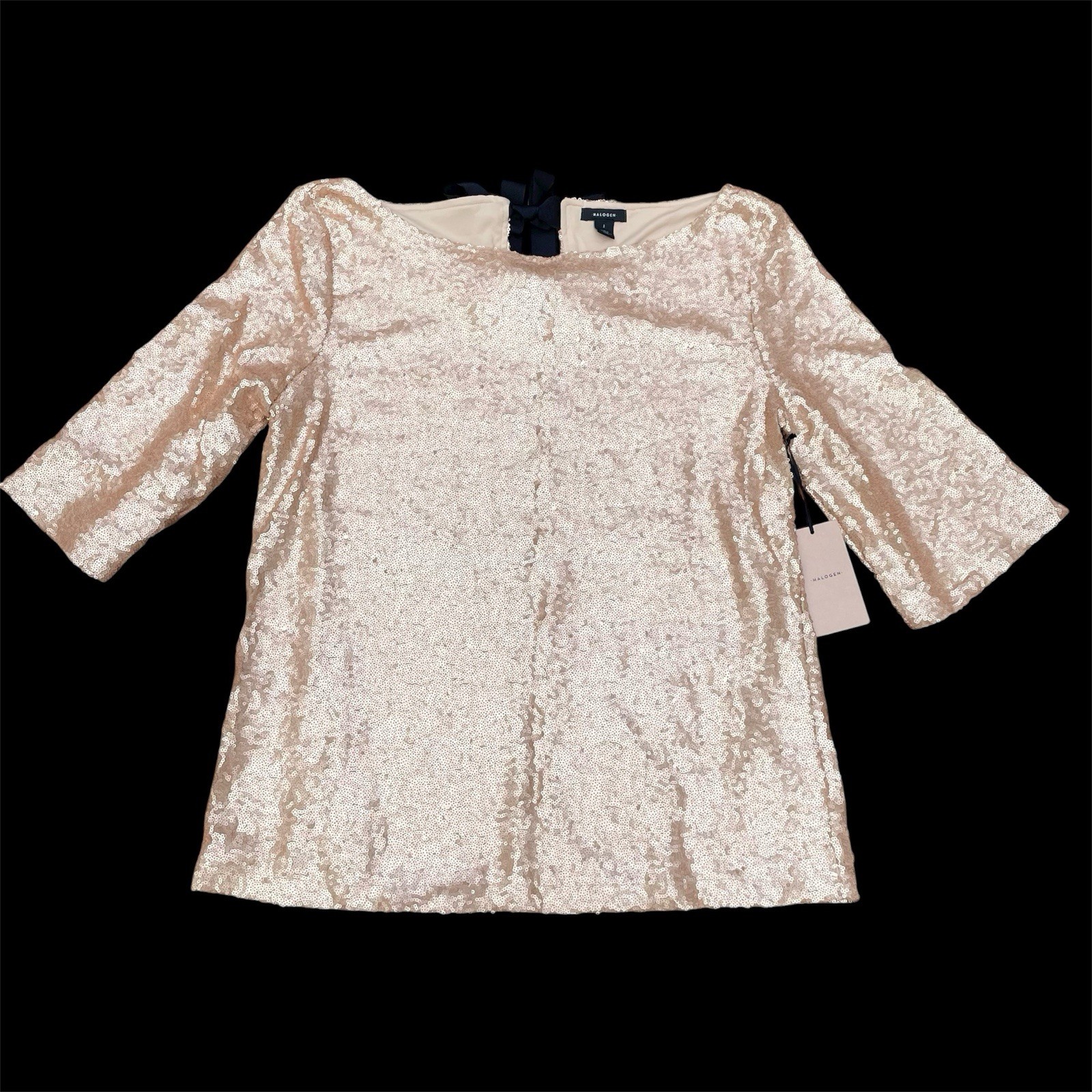 Halogen Women Large Rose Gold Sequin Shirt Black Bow to Back Holiday Party Fest