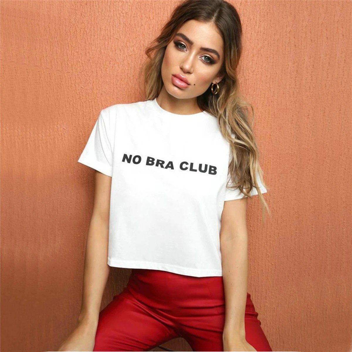 Woman Short Sleeve Crop T-shirt No Bra Club letter Printed Crop Top S-2XL Shirt
