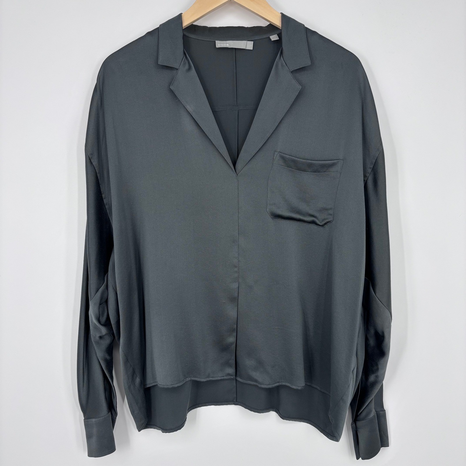 Vince Silk Notch Collar Blouse Womens L Gray Long Sleeve Pullover Luxury Capsule