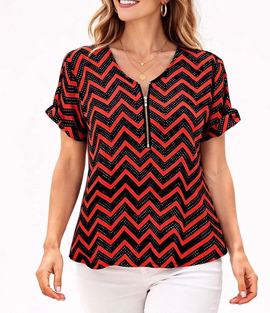 Robert Louis Blouse M Red Black Polka Dot Chevron Geometric 1/4 Zip Top Women