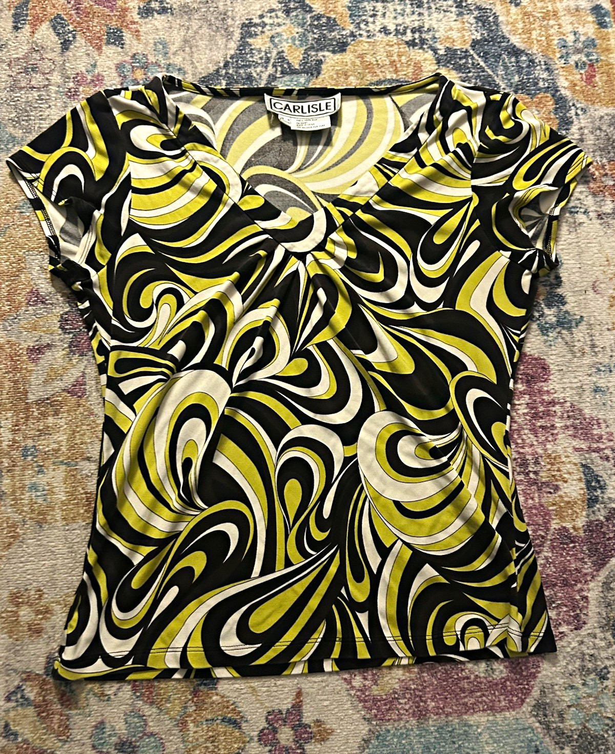 Carlisle Womens M Black/Green/White Abstract Print Woven Silk Ruched Blouse
