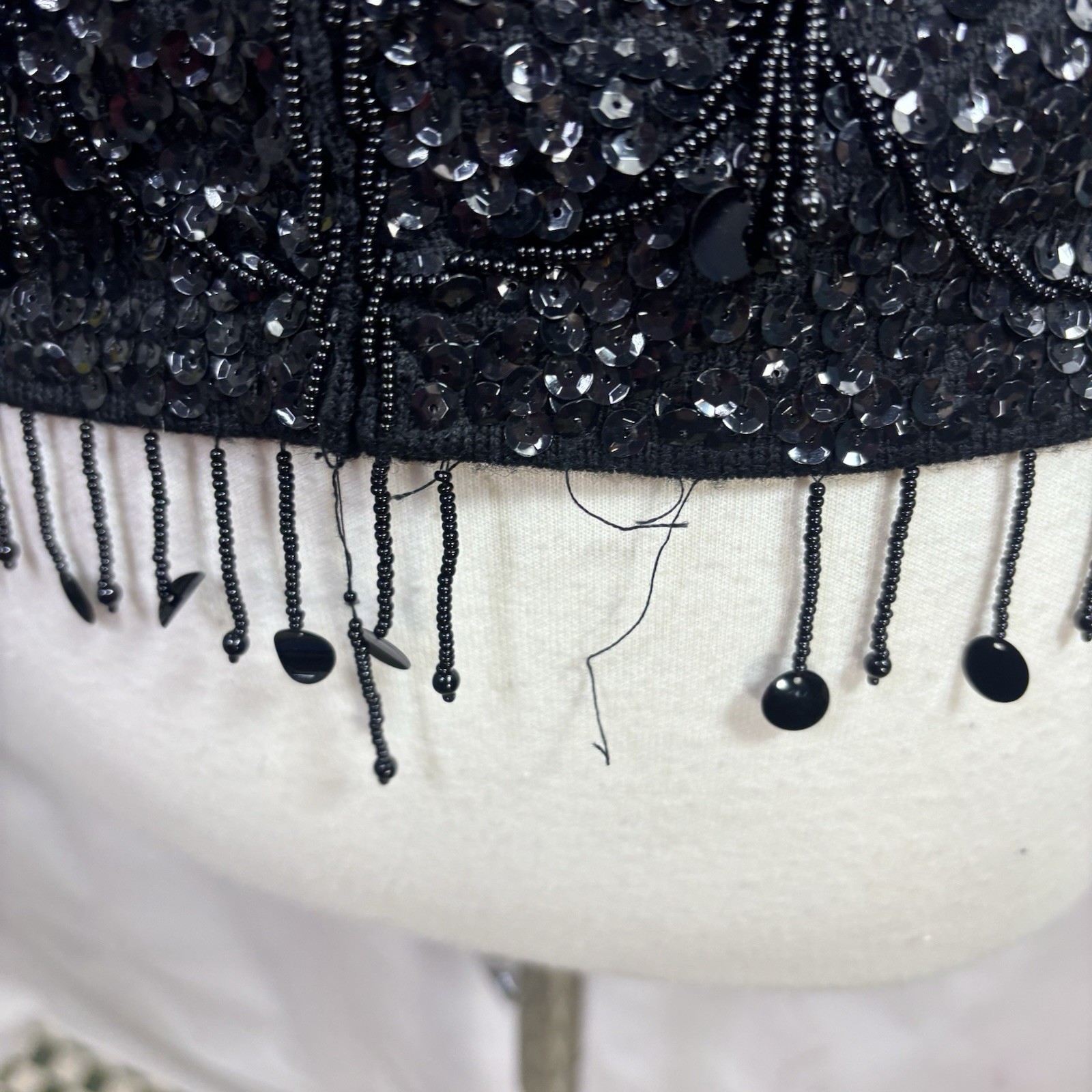 Vintage 60s Flapper Black Shiny Beaded Blouse Top Fringe Sequins Silk M Glam