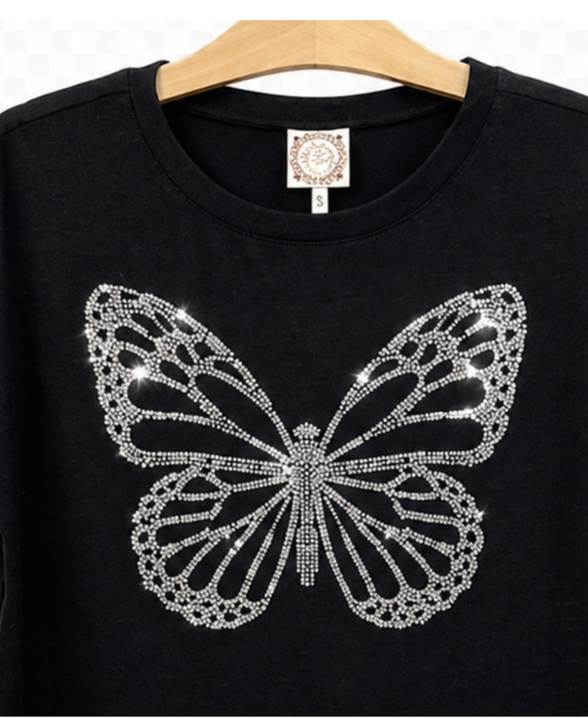 Women Black Butterfly Rhinestone Bling T-Shirt Cap Sleeve Stretch Top Size S NWT