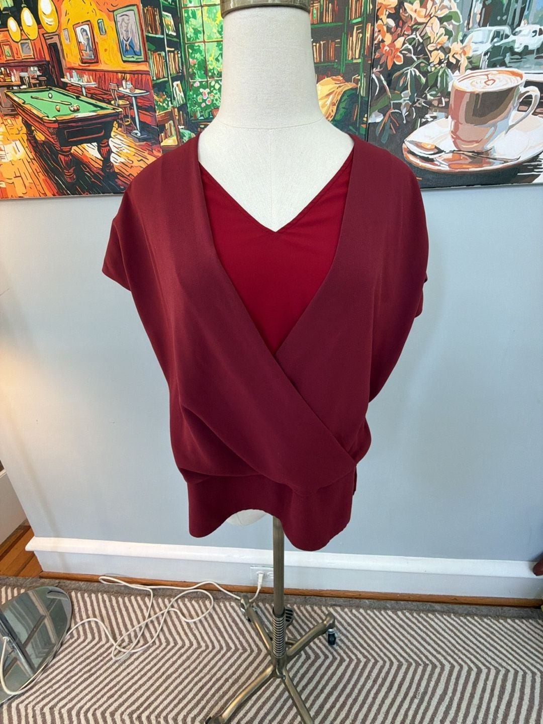 MM.LaFleur Maroon V-Neck Wrap Drape Short Sleeve Blouse