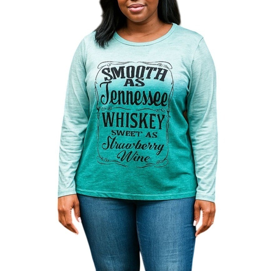 Womens Large Top Smooth As Tennessee Whiskey Graphic Long Sleeve Teal Ombre