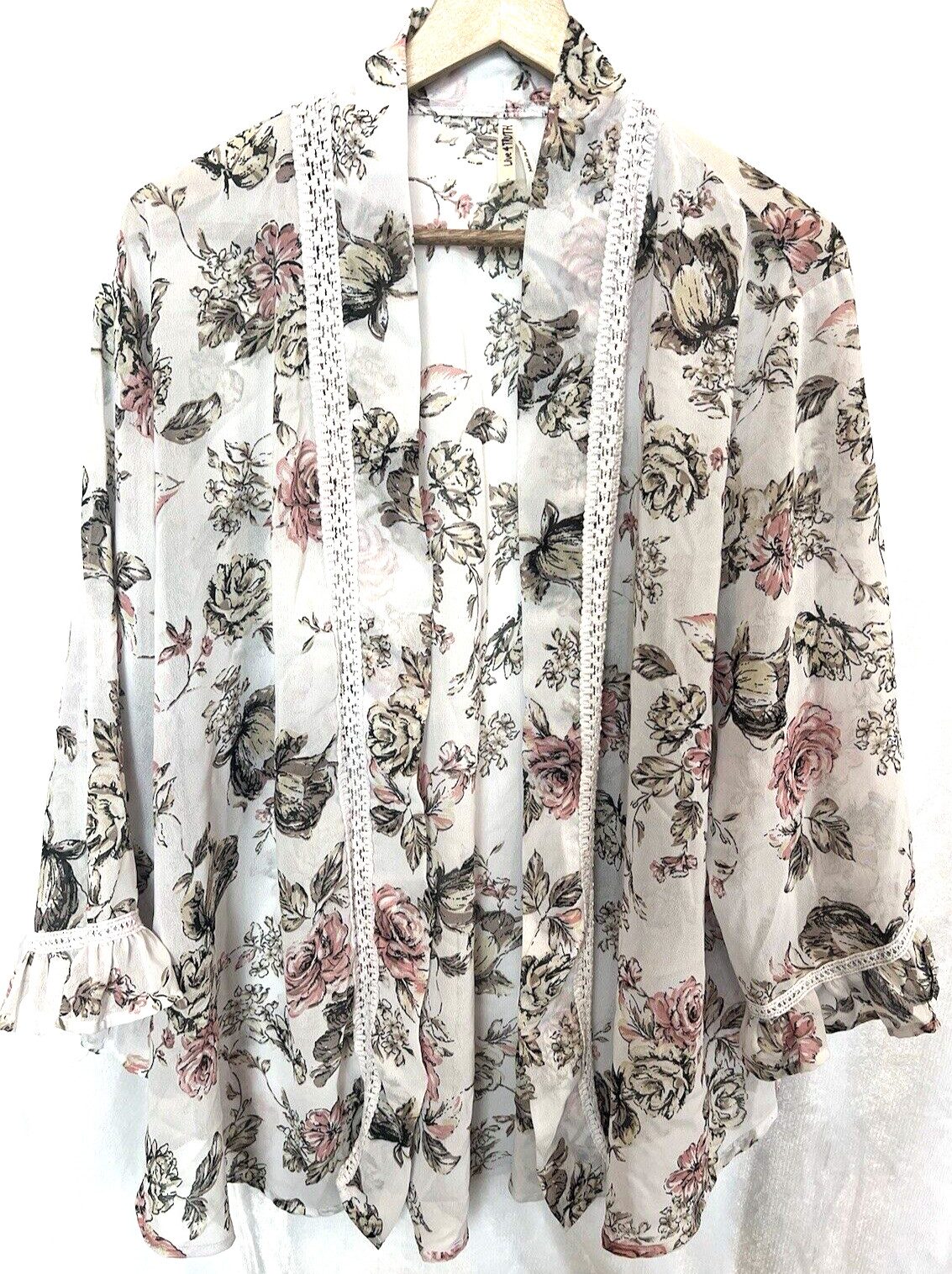 Live 4 Truth Womens Sheer Floral Crochet Open Kimono Size L Feminine Boho Beach