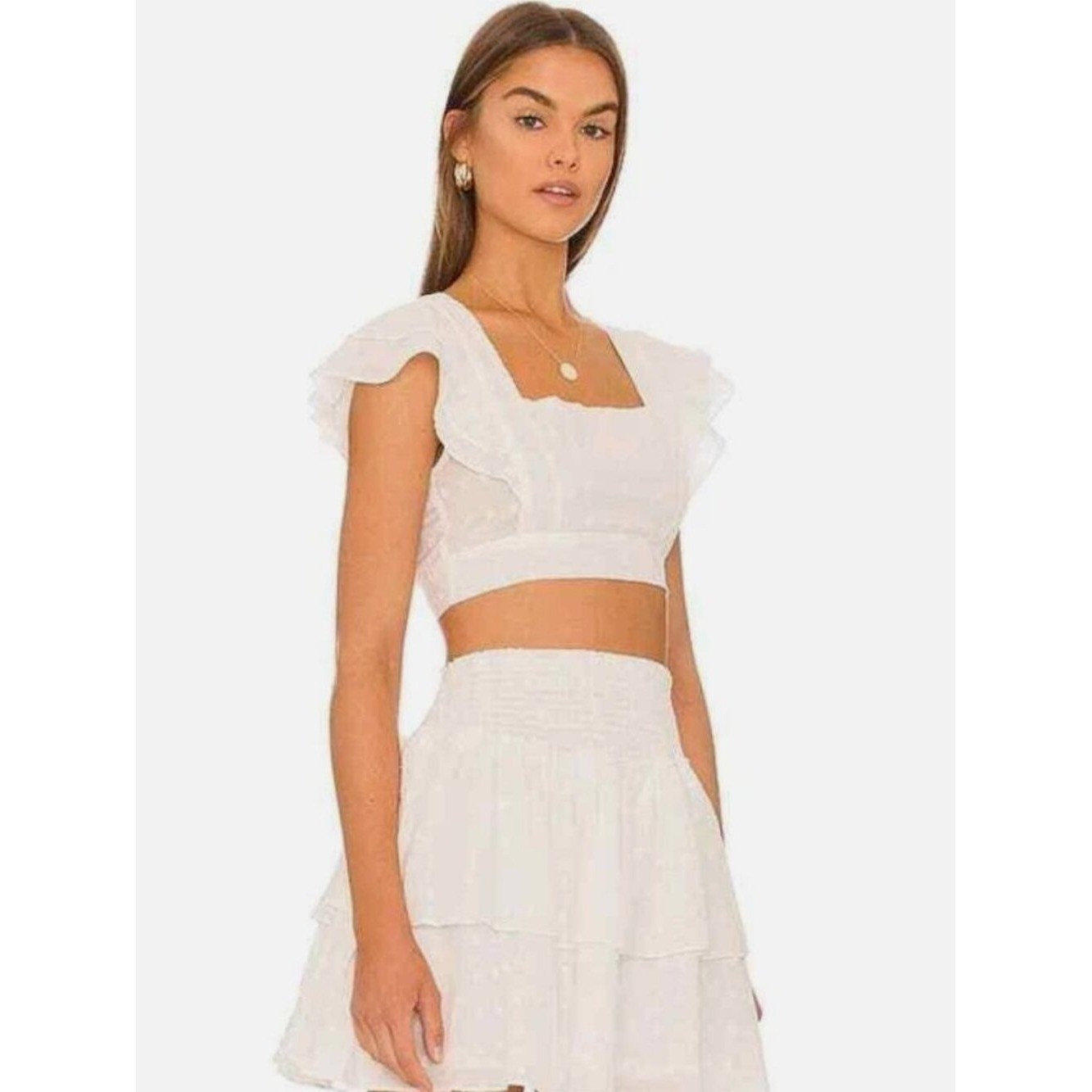 MinkPink White Flutter Sleeve Square NeckPolka Dot Crop Top- S