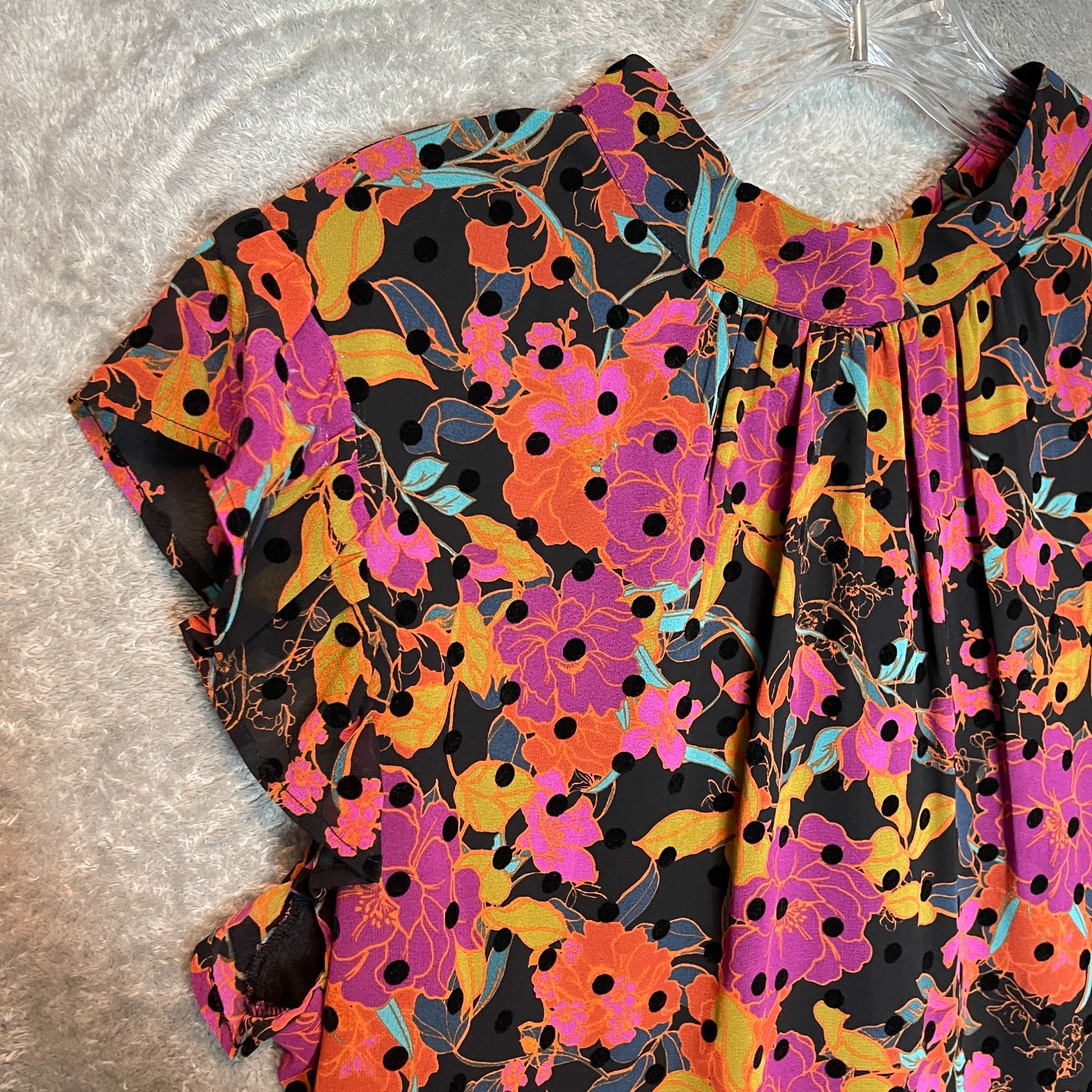 DR2 Women Floral Velvet Clip Dot Flutter Sleeve Tie Back Drapey Office Top M