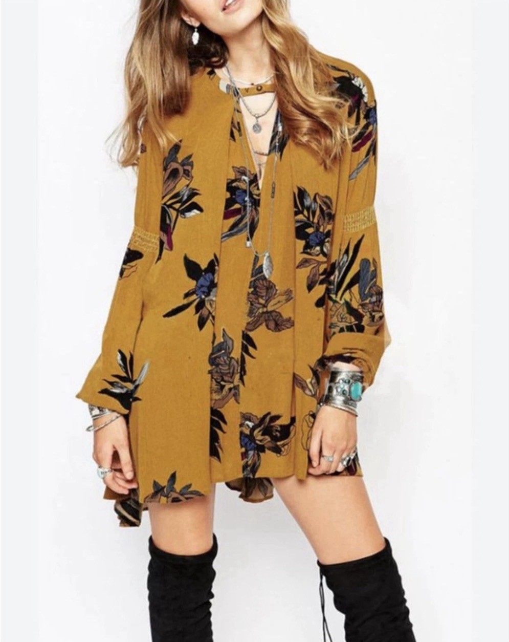 Free People Women’s XS Brown Floral Crepe Tunic Blouse Keyhole