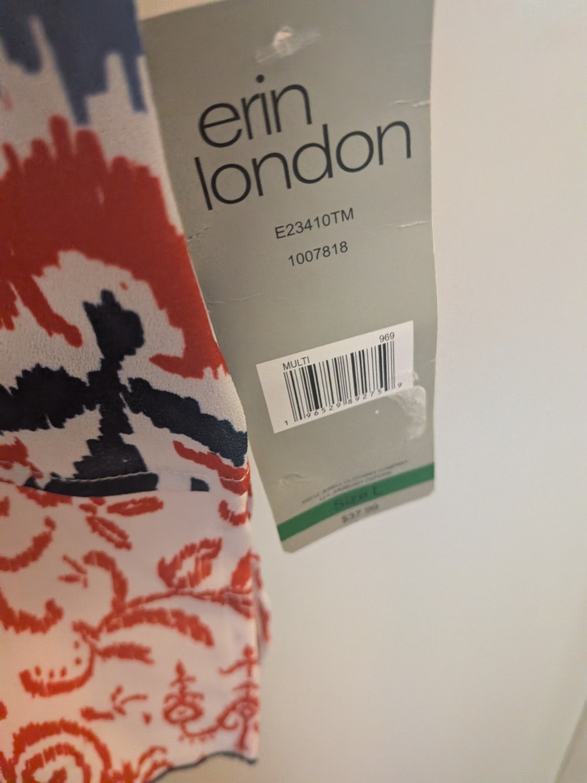 Erin London RELAXED R/W/B Print SS Slight Sheer Sz. L Blouse New w/Tags