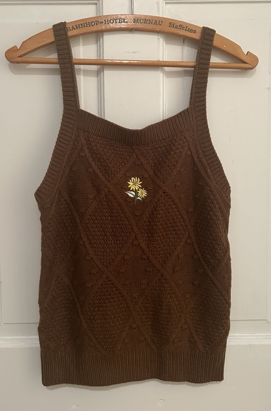 Ally Mae Tank Sweater, Brown With Embroidered Sunflowers, L, Boho, Cottage Core