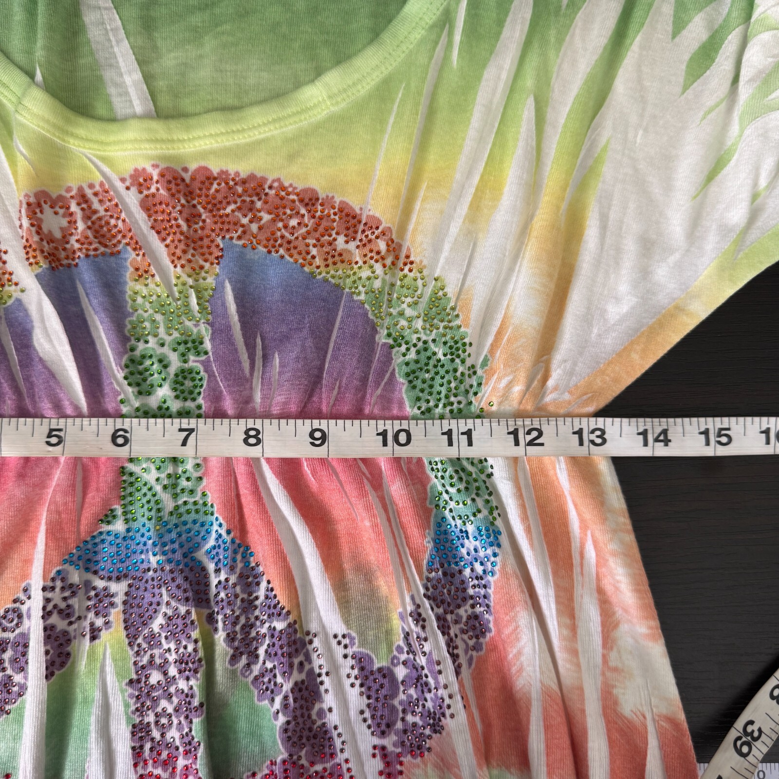 Y2K Tunic Top Women Medium Peace Sign Rhinestone Burnout Hippie Festival Vintage