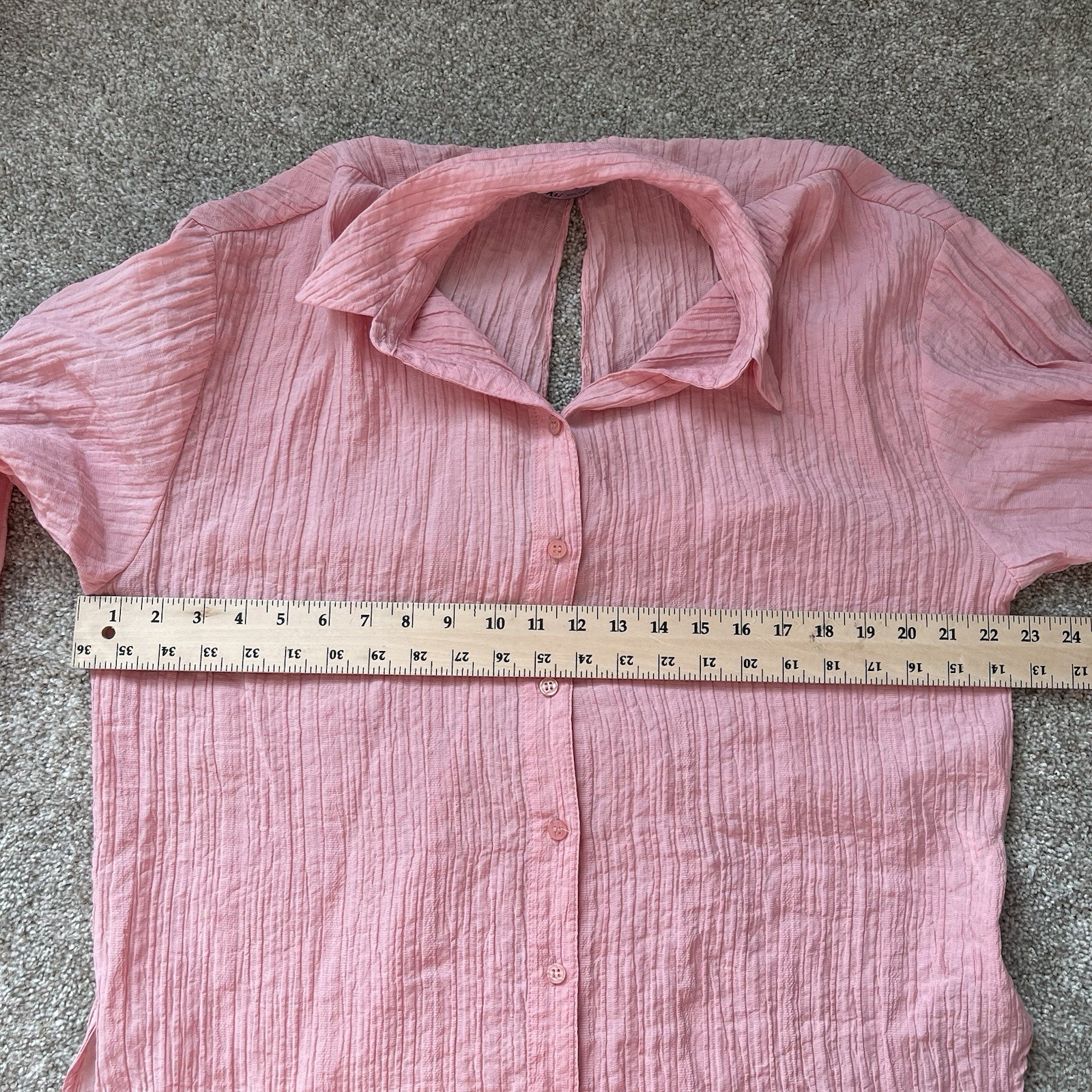 Zara Crinkle Oversized Button Down Tunic Shirt Twisted Cut Out Pink M Preppy