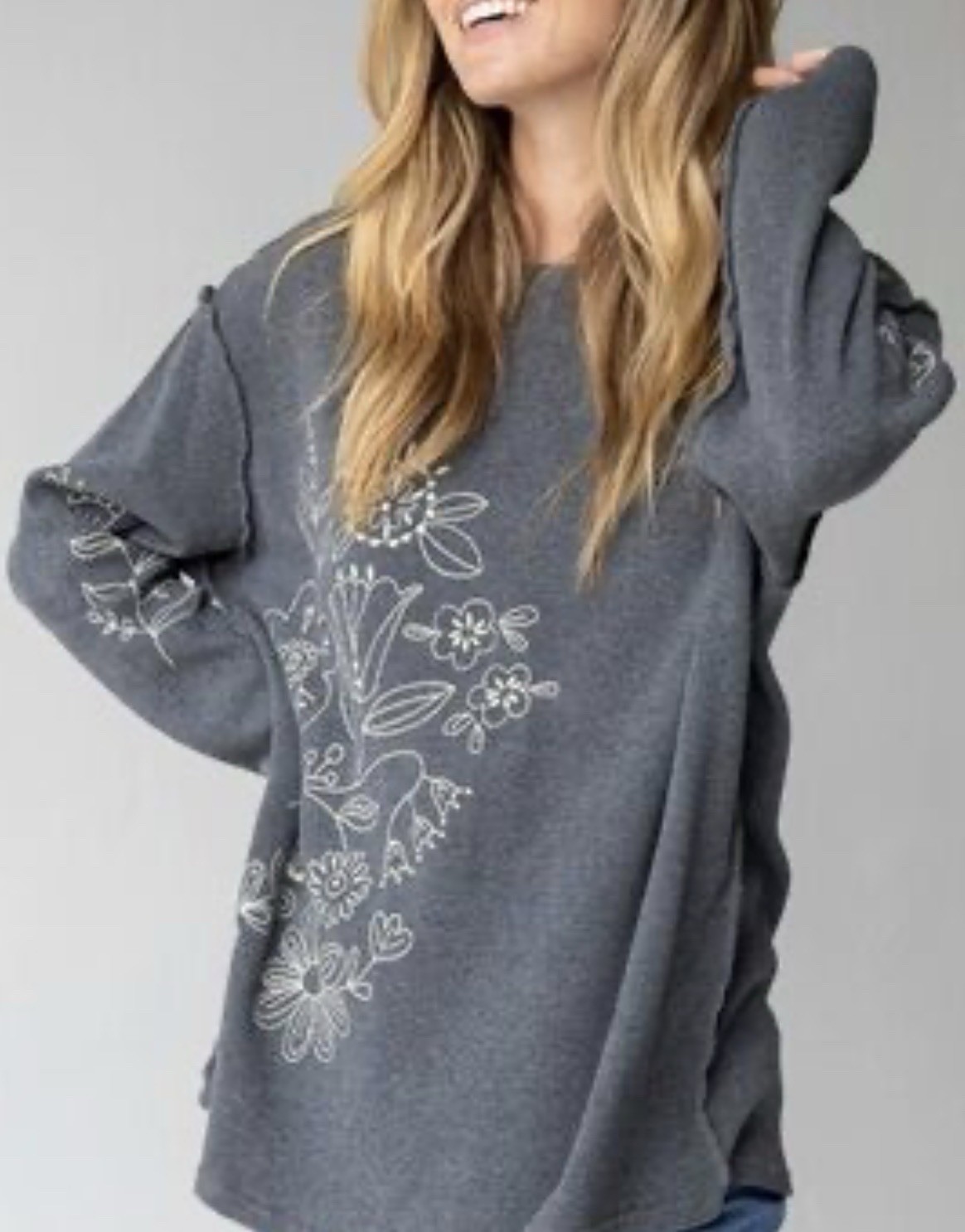 NATURAL LIFE Embroidered Waffle Knit Long Sleeve Top Sz S/M Charcoal Oversized
