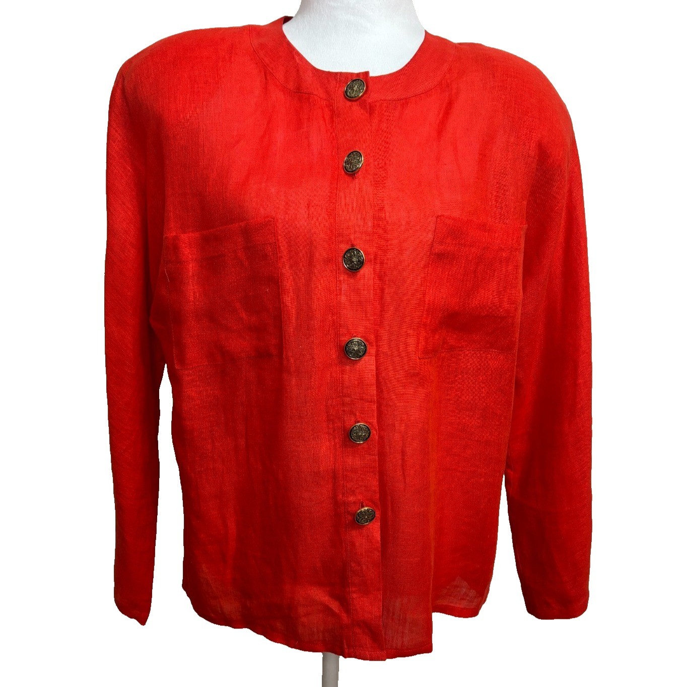 I. Magnin Blouse Red Linen Button Up Vintage Ornate Buttons Career Classic 12
