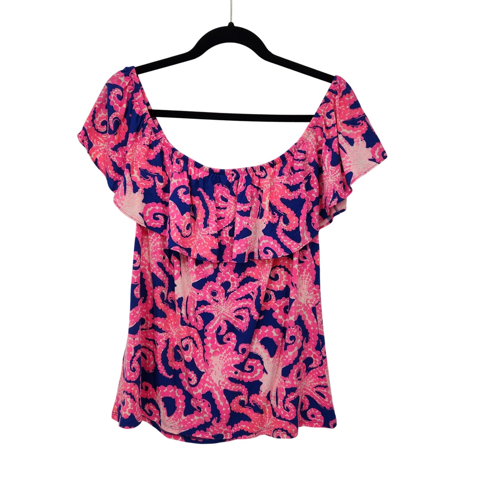 Lilly Pulitzer Pink Blue Octopus Off The Shoulder Ruffle Jersey Top XL RN88189