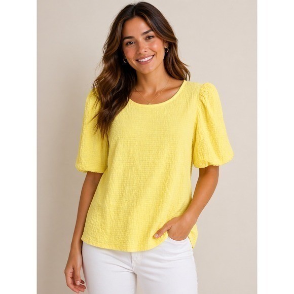 C. Est. 1946 Womens Yellow Textured Puff Short Sleeve Blouse Size M