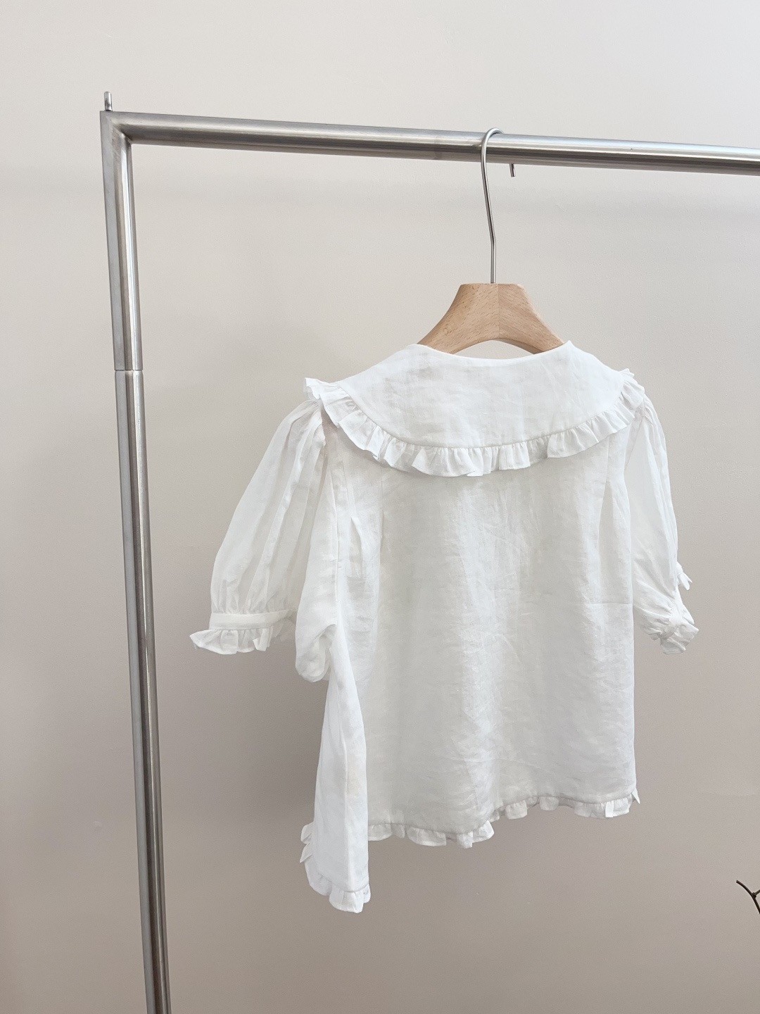 Doen hand embroidered pink bow doll collar short sleeved shirt top WHITE XSSML