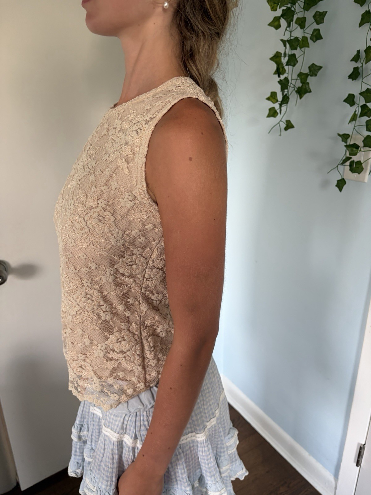 Linda Leal Cream Lace Blouse with Floral Embroidery