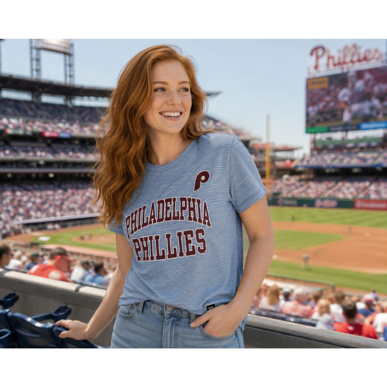 New Era Philadelphia Phillies Blue Pinstripe Tee Shirt Women’s Size L MLB #10