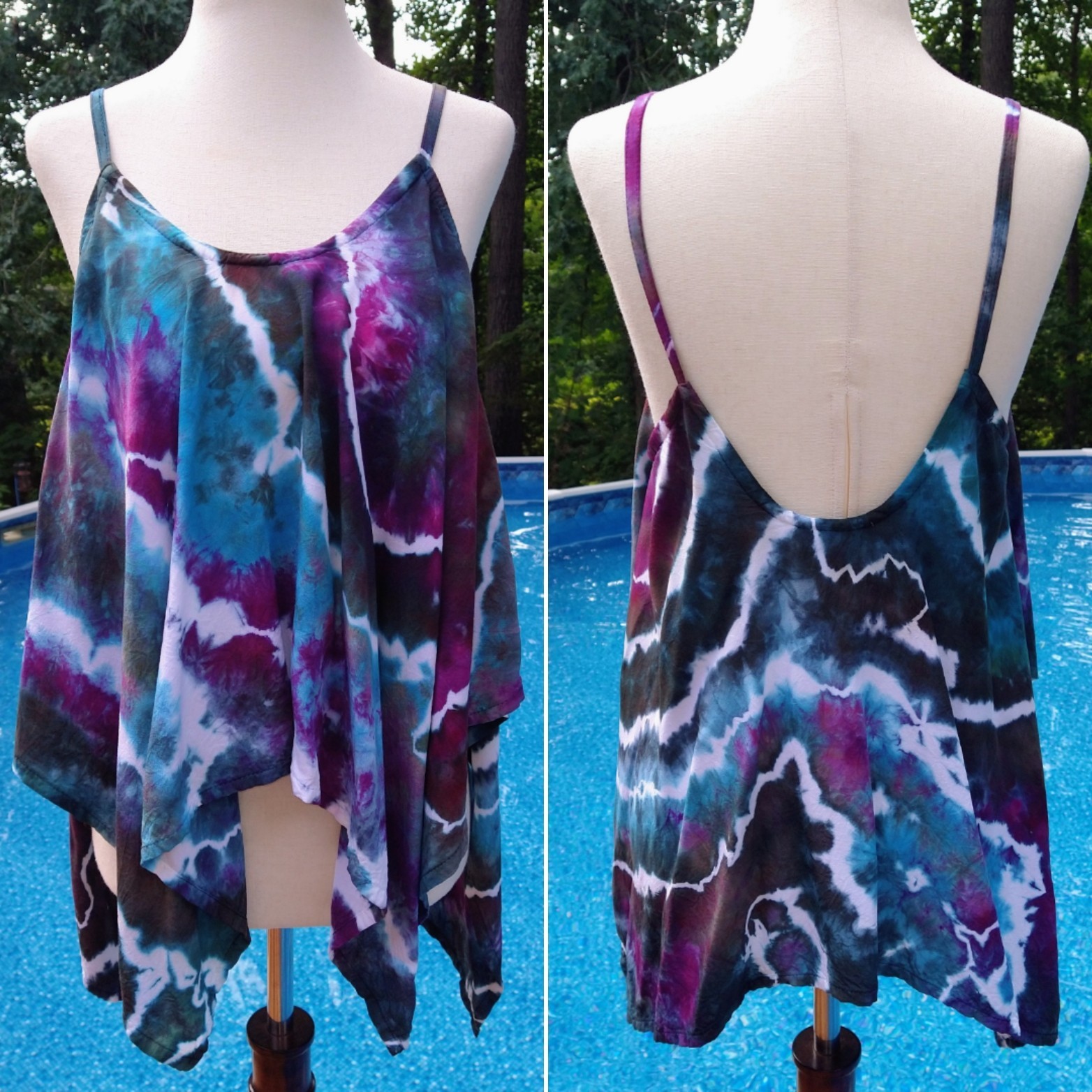 Purple, Blue & Black Geode Ice Dye Tie Dye Women’s Asymmetrical Camisole ~ Sz L