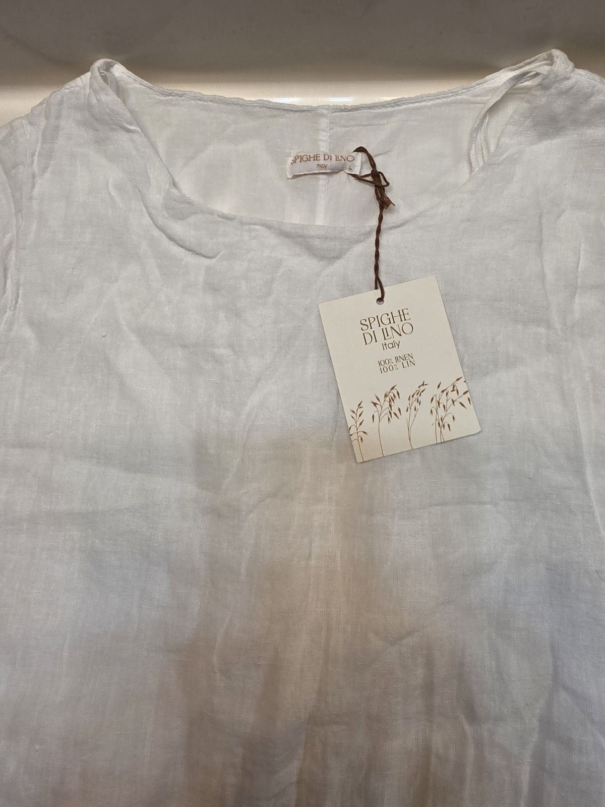 Spighe Di Lino White Solid 100% Linen Gathered Scoop Neck Blouse Women’s L