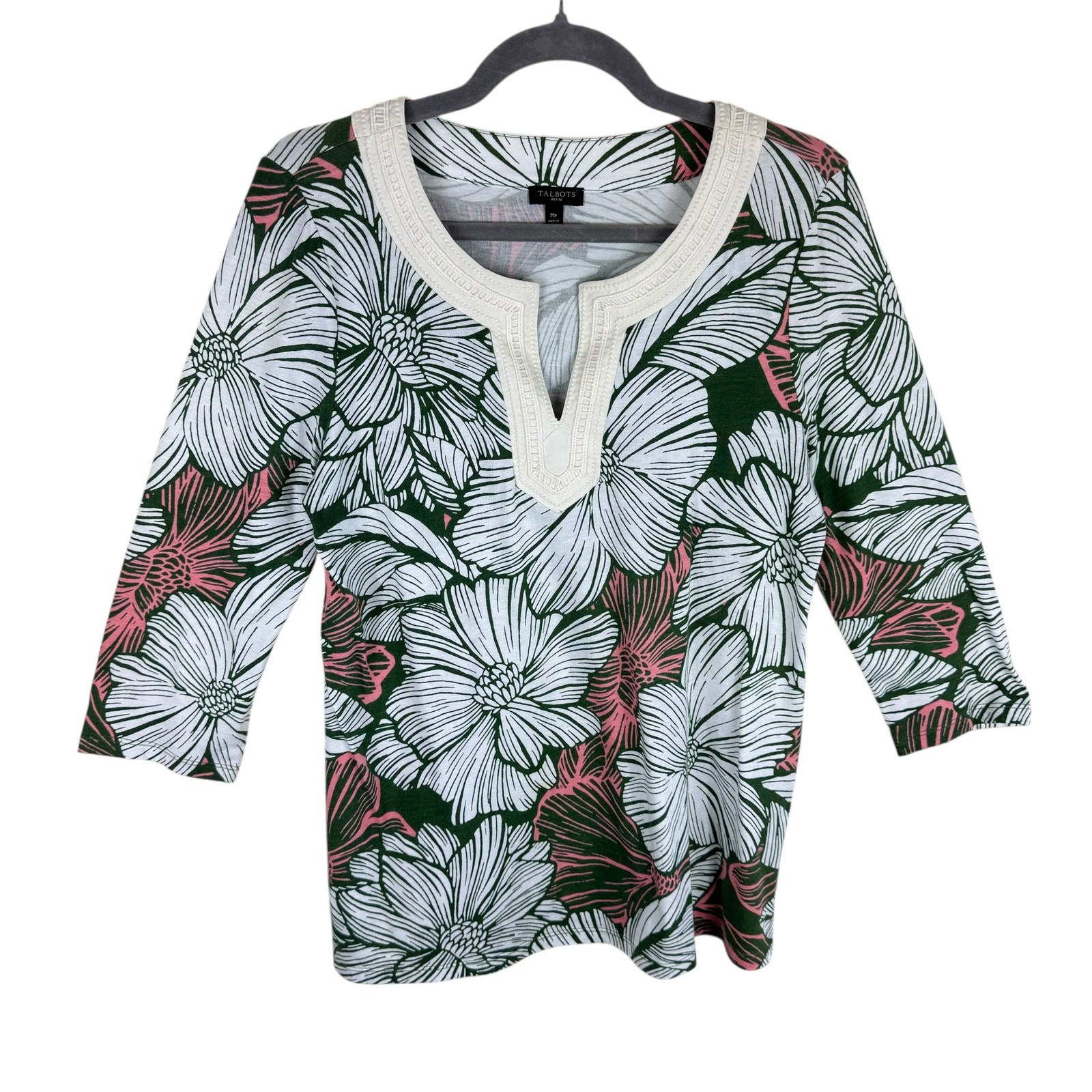 Talbots Pima Cotton Modal White Green Pink Floral 3/4 Sleeve Lightweight Top MP