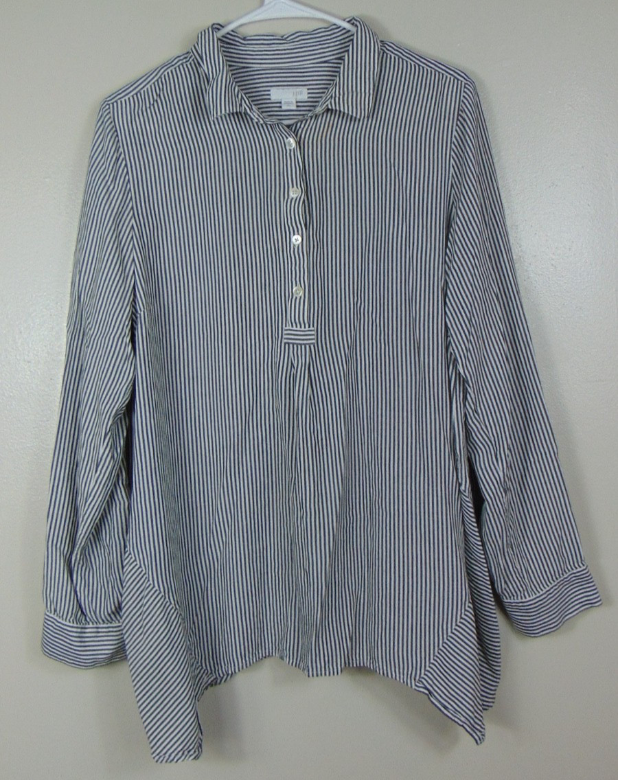 J.Jill Top Large Tall LT Popover Shirt Rayon Striped Roll Tab Sharkbite Hem