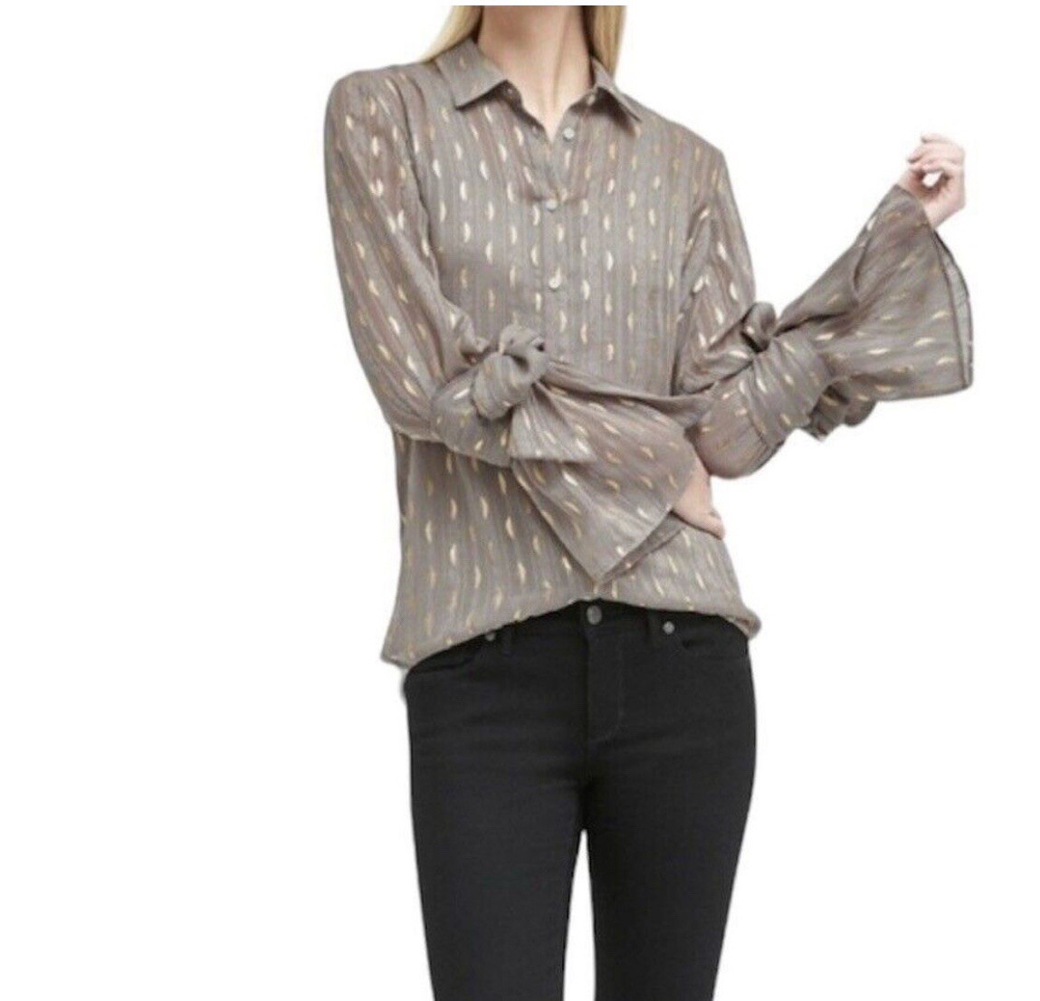 Banana Republic Dillon Shirt Blouse Size M Taupe Metallic Gold Bell Sleeves