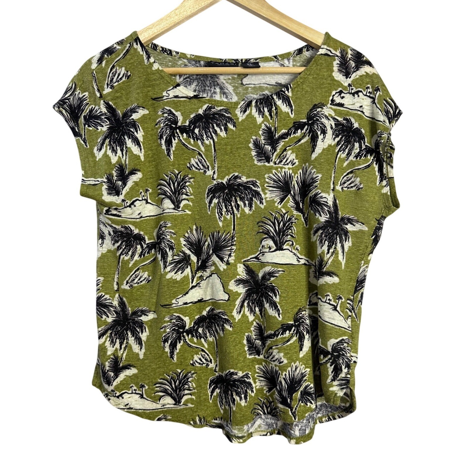 Tahari Womens Green Tropical Palm Tree 100% Linen Cap Sleeve Top Size Medium