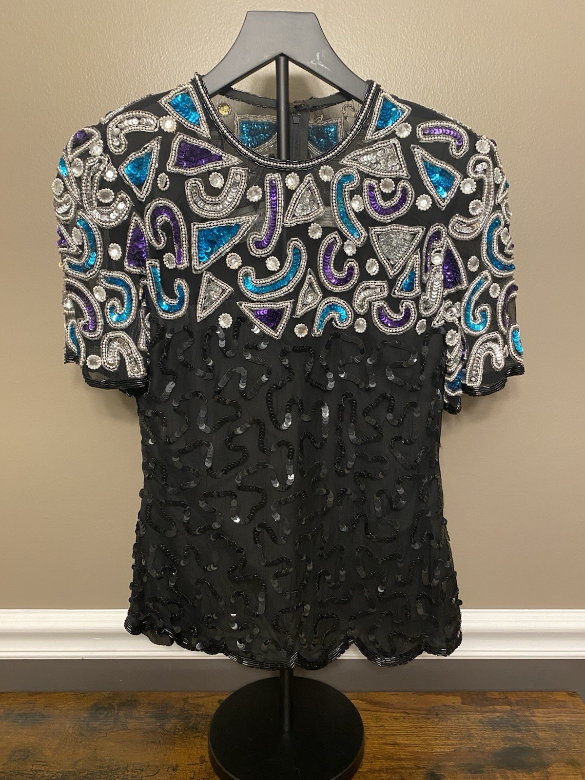 Vintage Stenay 100% Silk Black Blue Purple Sequin Blouse Shirt Top Size 4