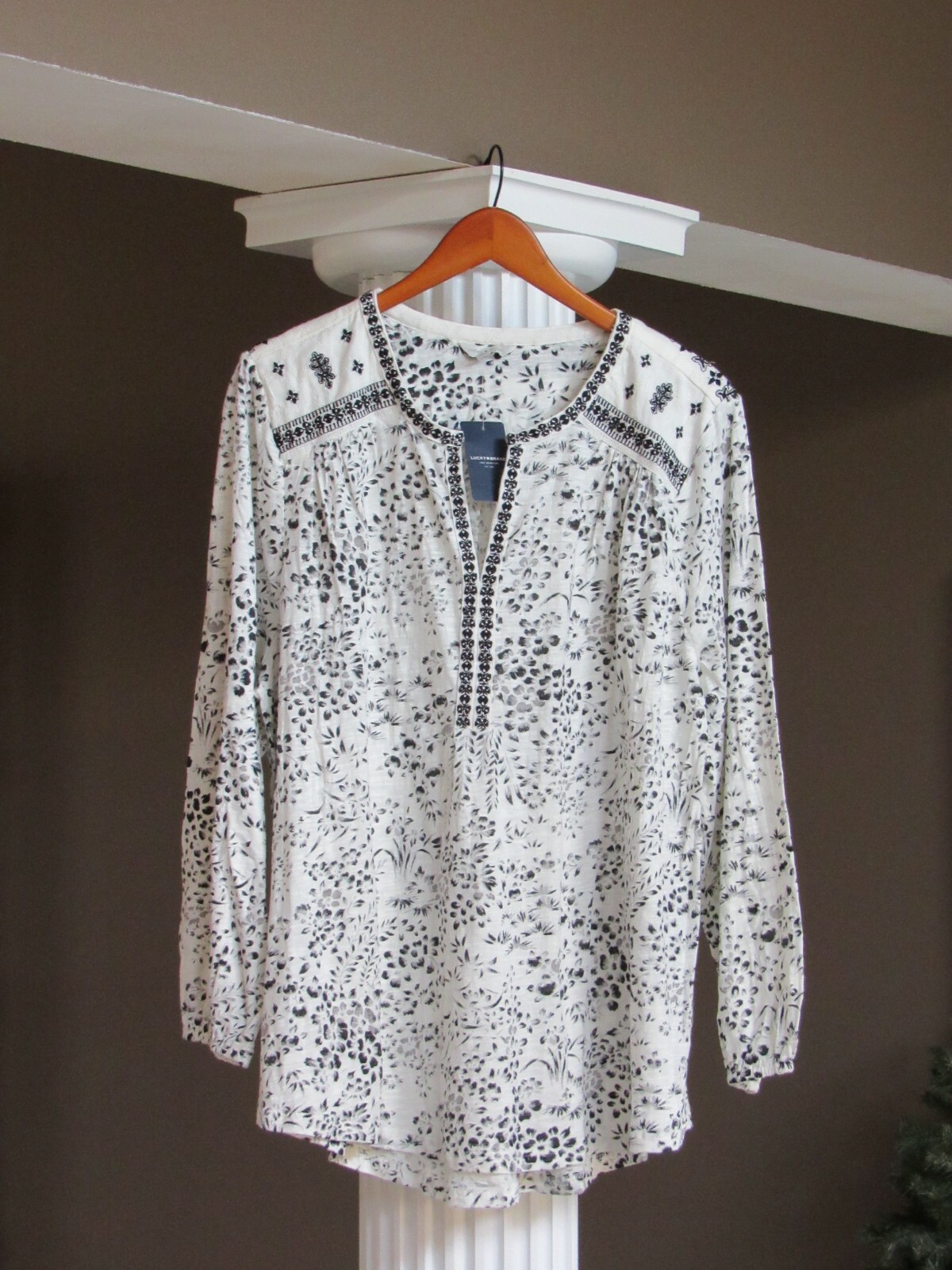 LUCKY BRAND Off-White Black Gray Floral Long Sleeve Top Shirt Size 1X NWT $59.50