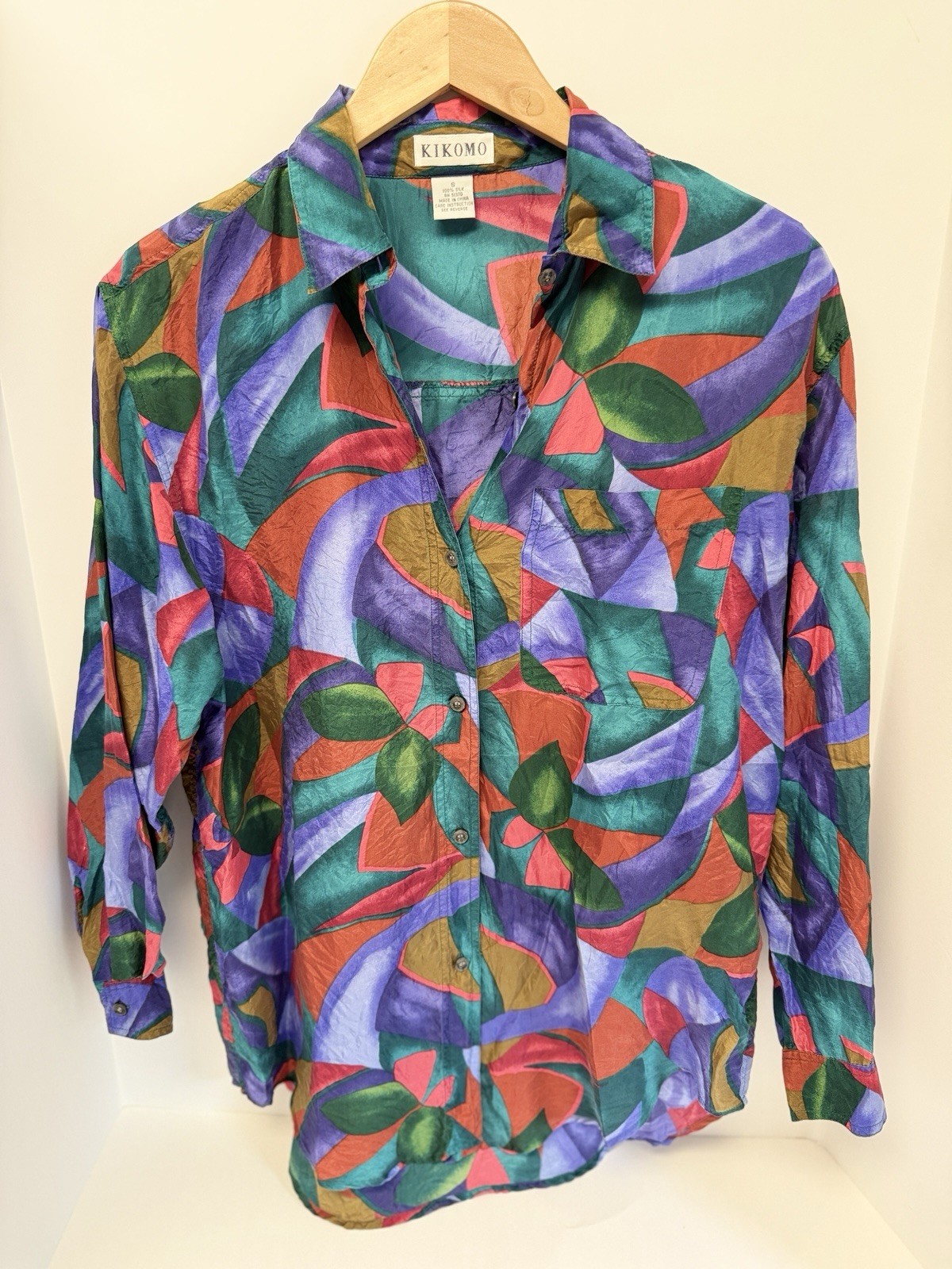 Vintage 80’s 90’s Kikomo Silk 100% Button-Up Blouse SM MD Graphic Colorful EUC