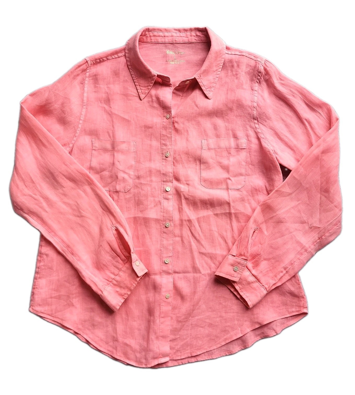 Lilly Pulitzer Shirt Womens Large Coral Pink 100% Linen Vibrant Casual Preppy