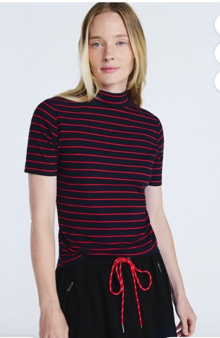 Free Assembly Women’s Sz XS Mock Neck Ribbed Fitted Red Navy Stripe Top
