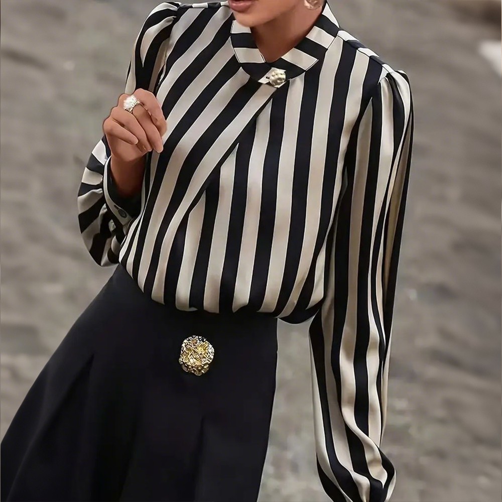 Women’s Elegant Formal Striped Shirt Lantern Sleeve Blouse Stand Collar OL Tops