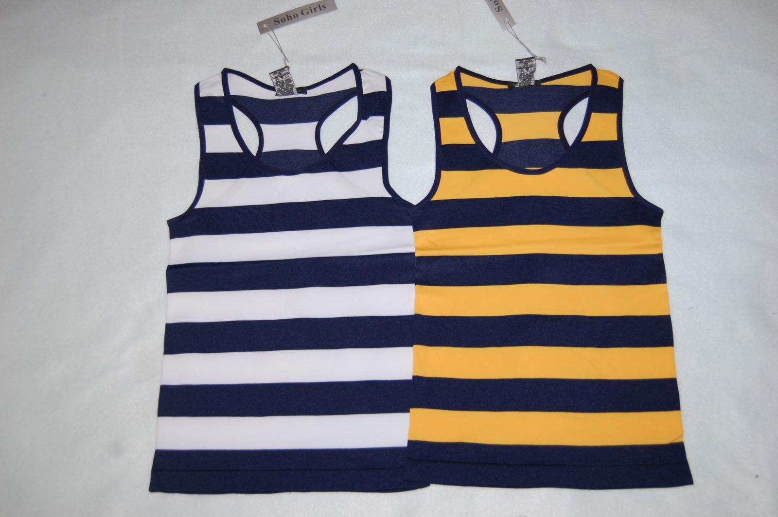 TWO LOT Jr Womens RACERBACK TANK TOP Stripe GOLD Navy Blue WHITE One Size XS S M