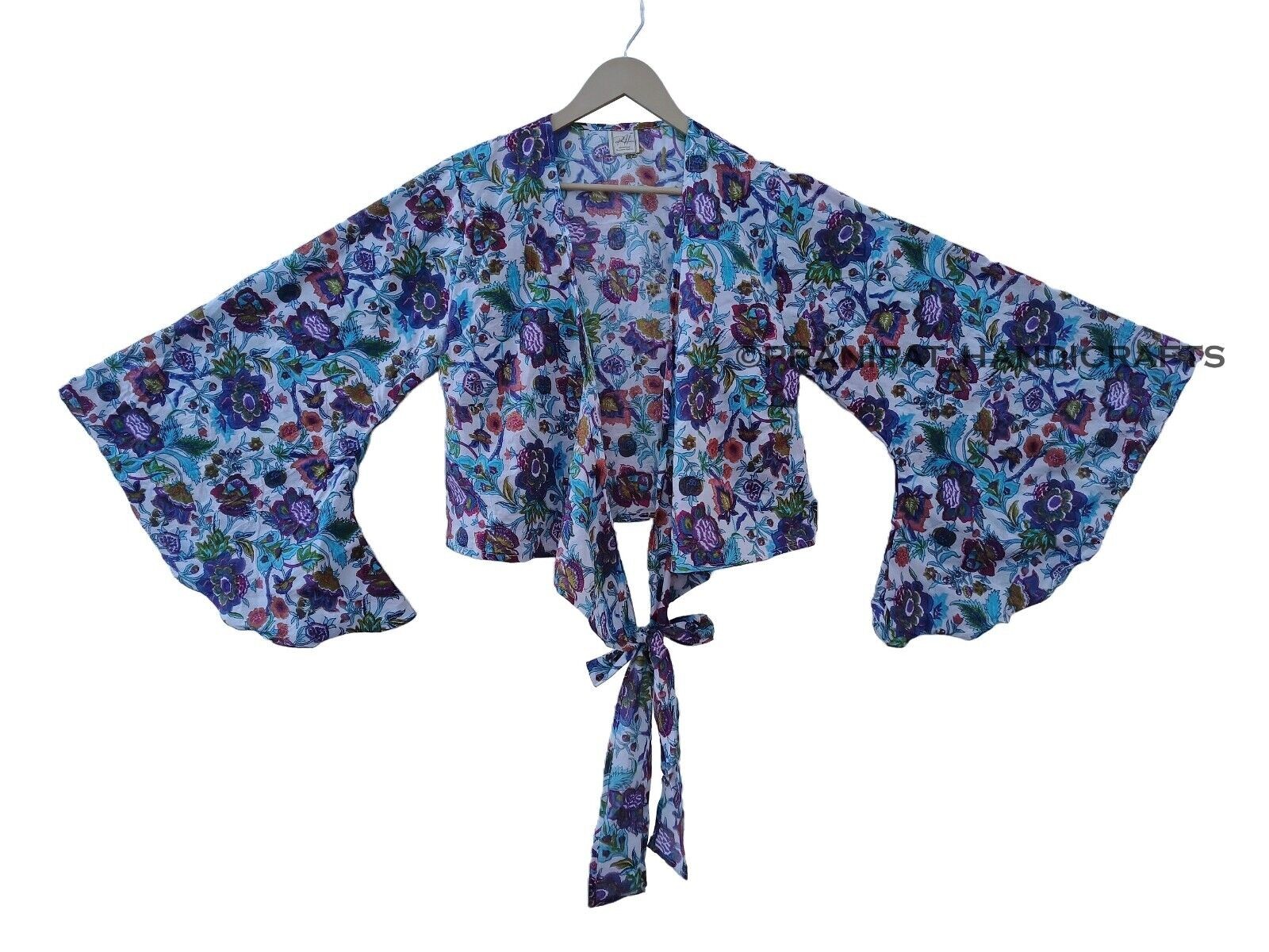 Women Floral Print Cotton 70′ Retro Hippie Bell Sleeve Turquoise Beach Crop Top