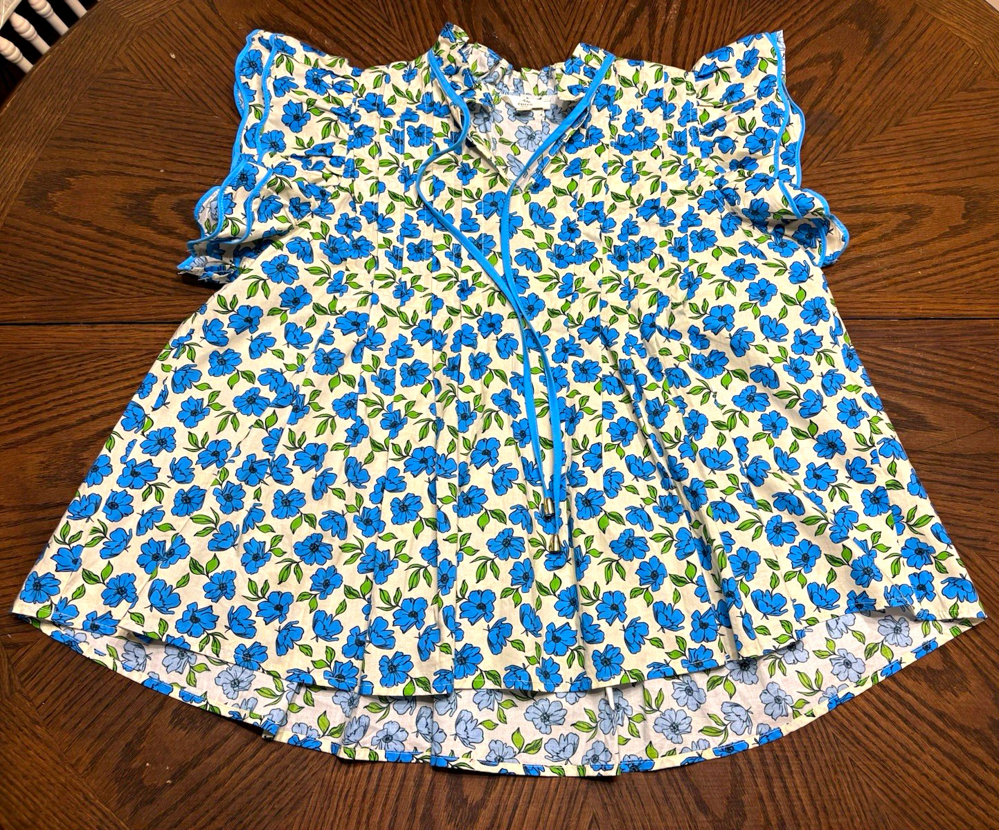 Entro White Blue Green Floral Babydoll Ruffle Blouse Women’s M Trendy