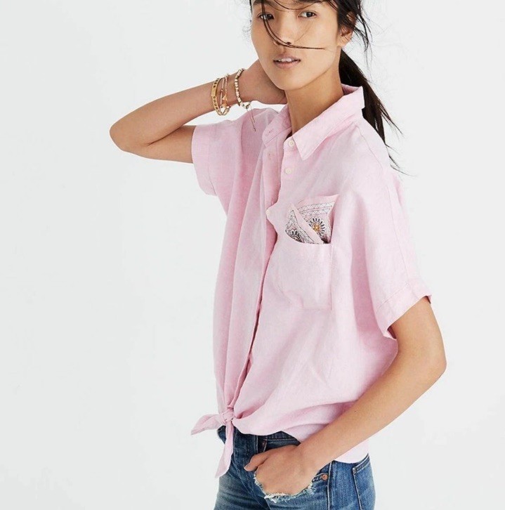 Madewell Pink Short Sleeve Tie Front Top Linen Blend Oversized Size S